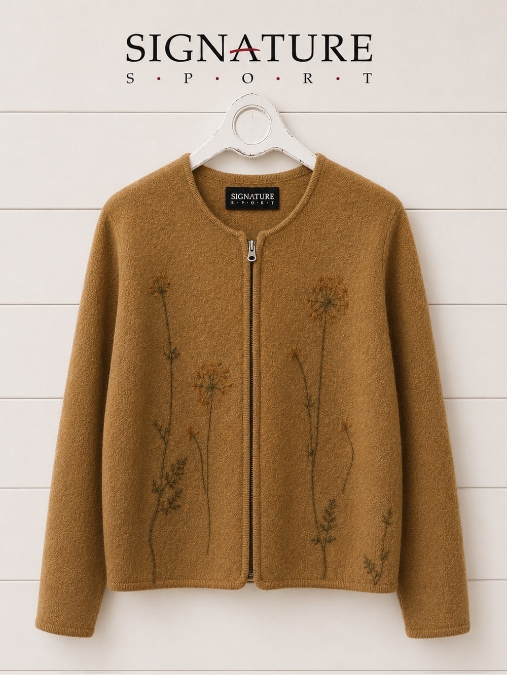 SIGNATURE SPORTS Camel Wool Zip Cardigan Floral Motif Size L